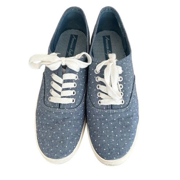 American Eagle Polka Dot Canvas Tennis Shoes Blue Medium Width Sz 8.5 - Picture 1 of 5